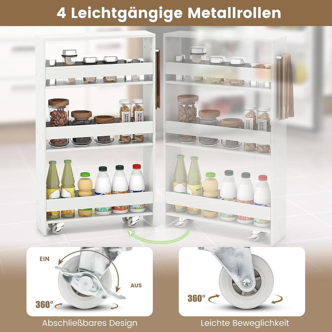 COSTWAY Nischenwagen 13cm breit, Nischenregal Badregal 4 Etagen, Nischenschrank auf Rollen, Servierw