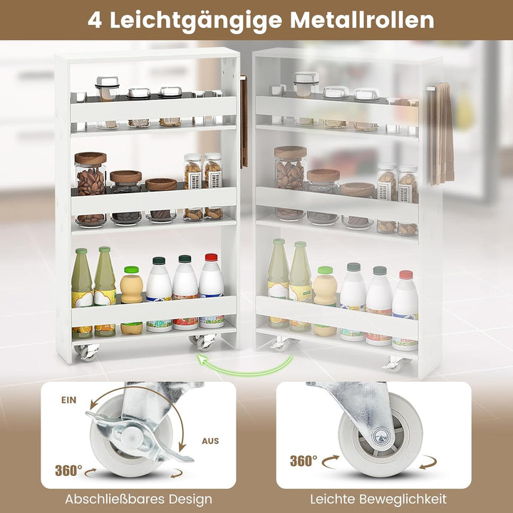 COSTWAY Nischenwagen 13cm breit, Nischenregal Badregal 4 Etagen, Nischenschrank auf Rollen, Servierw