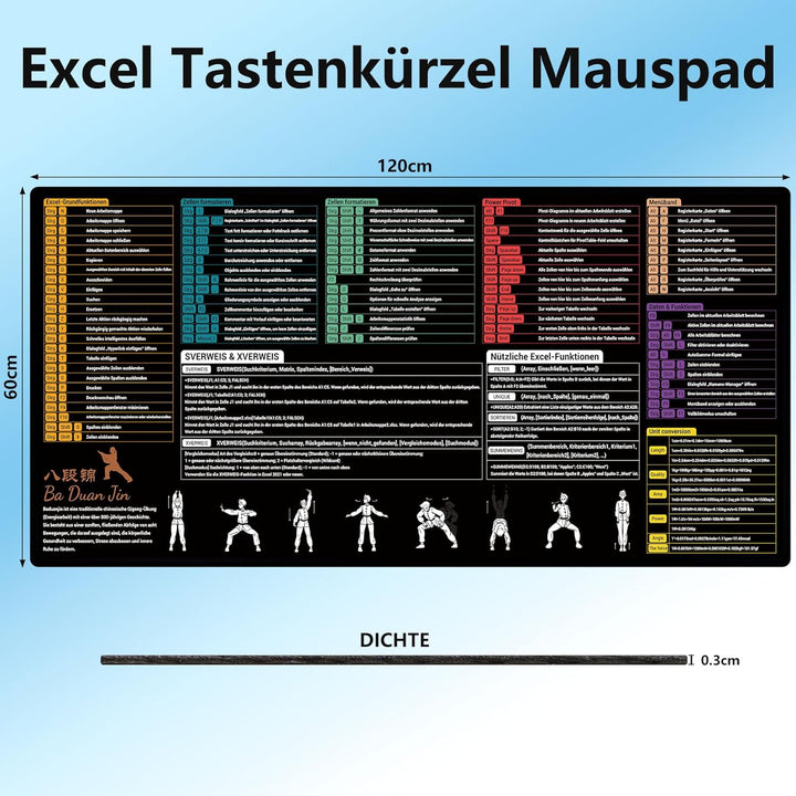 DAWNTREES Excel Mauspad Deutsch,Tastenkombinationen,120X60cm,Gross Gaming Mouse Pad XXL, Schreibtisc
