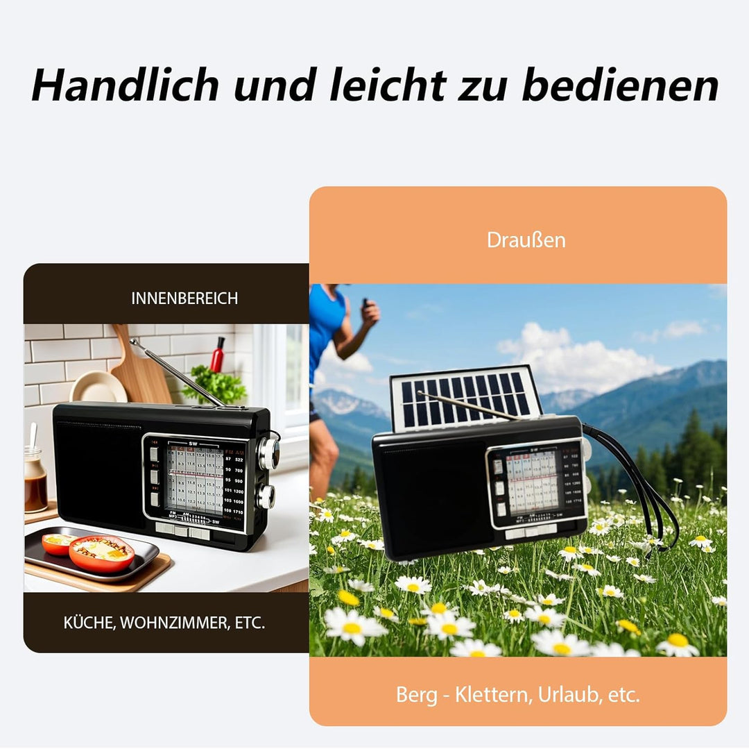 Kleines Radio mit Solarpanel & 1200mAh Akku, AM/FM/SW1-6 Empfänger mit 8W-Lautsprecher/TWS/USB/TF/Ta