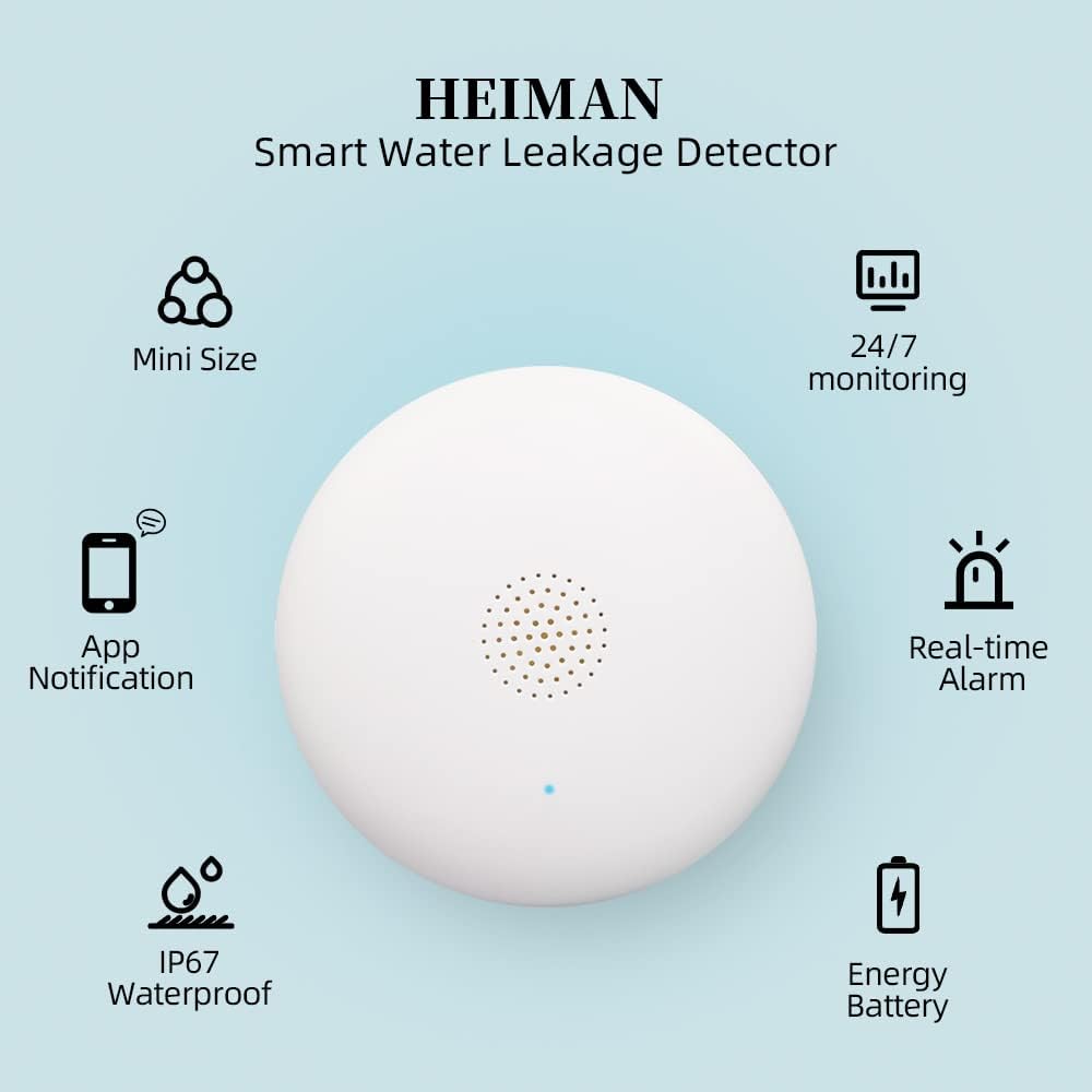 HEIMAN Wi-Fi Wasseralarm,WLAN Wassermelder mit Batterie,Smart Wassersensor,75 dB WiFi-2.4Ghz für Küc