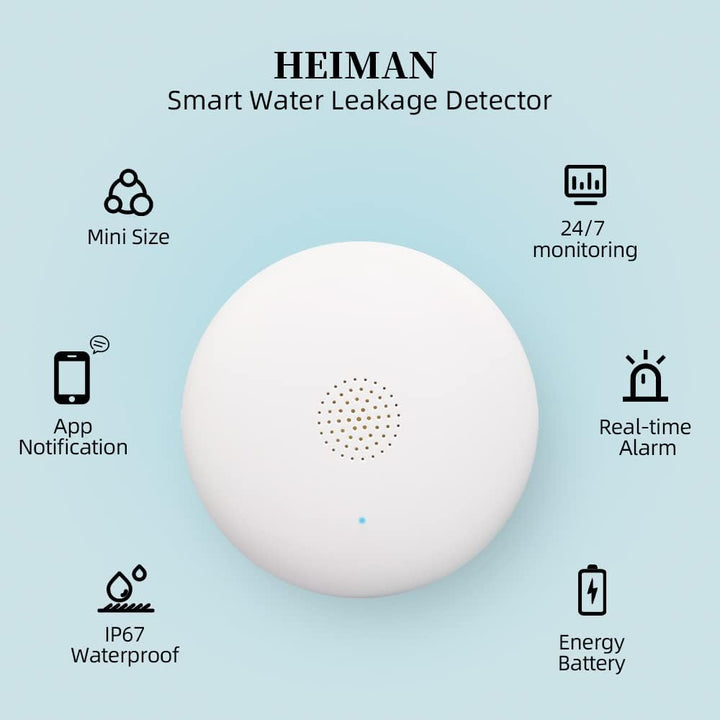 HEIMAN Wi-Fi Wasseralarm,WLAN Wassermelder mit Batterie,Smart Wassersensor,75 dB WiFi-2.4Ghz für Küc
