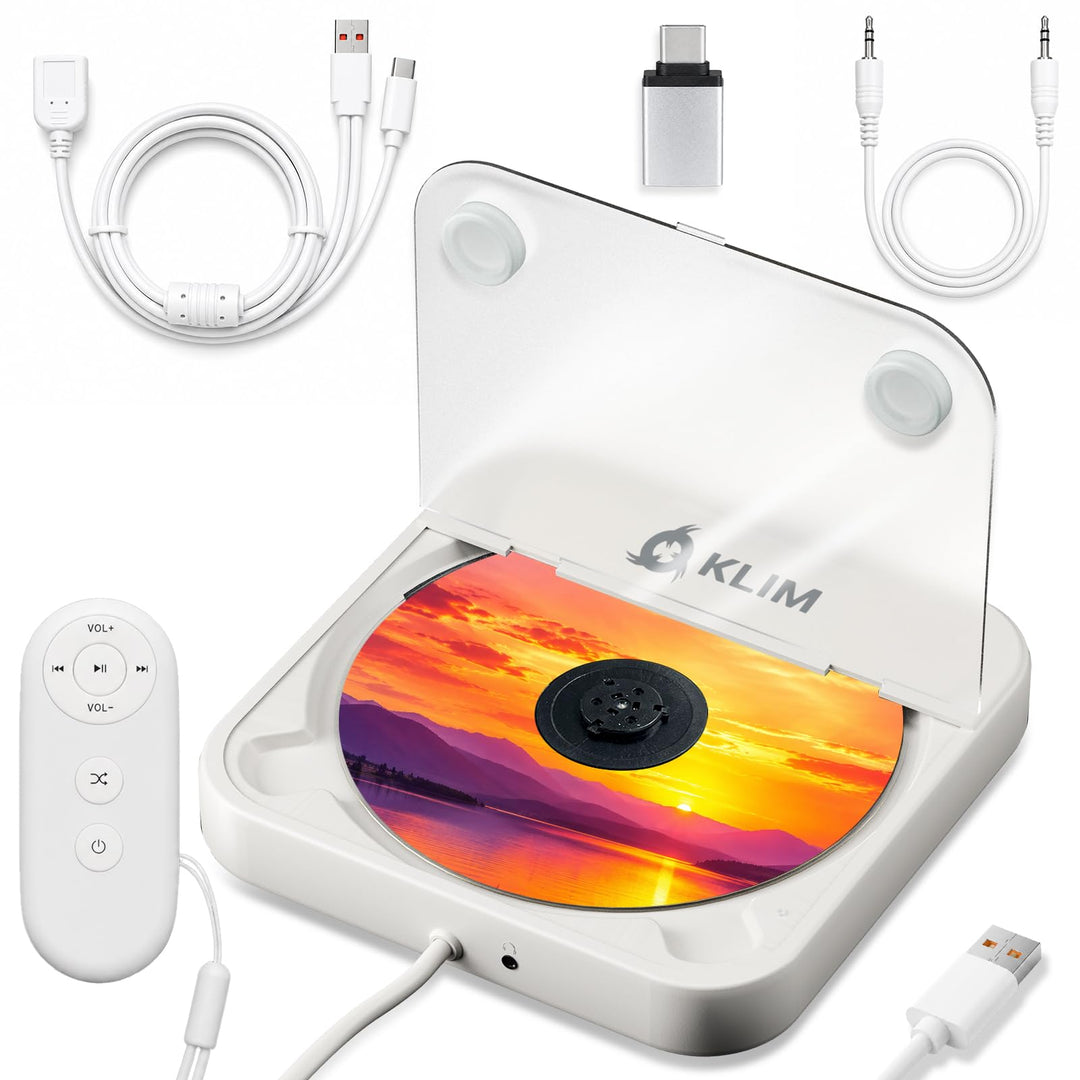 KLIM CD Player für Auto – Tragbarer USB CD Player, Externes CD-Laufwerk fürs Auto, Anti-Schock, Plug