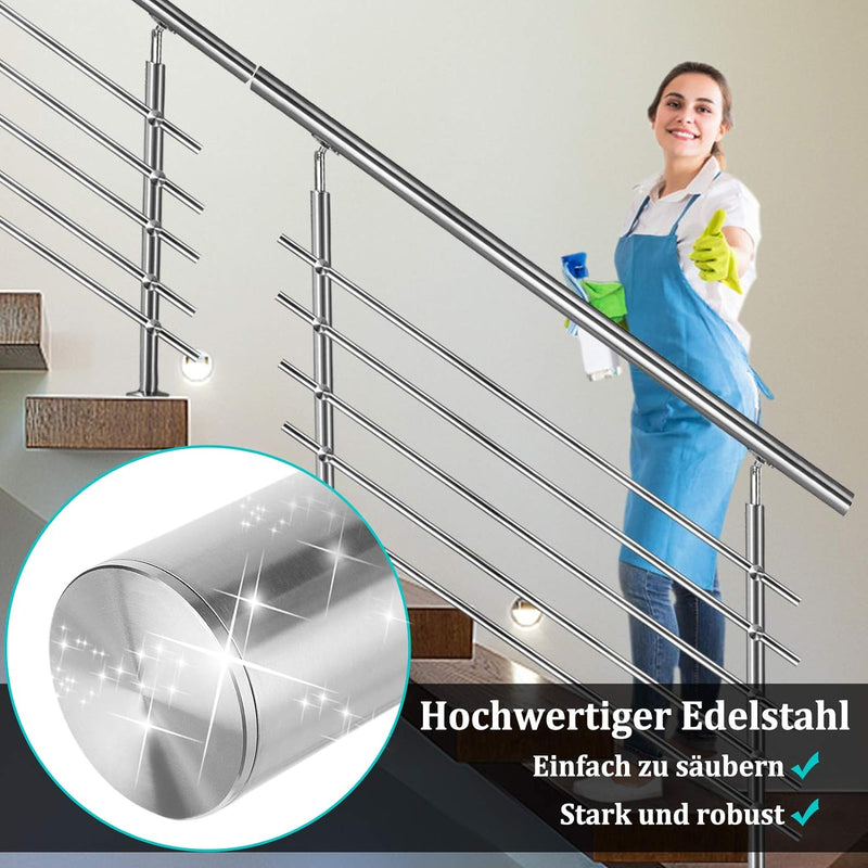 Aufun Edelstahl Handlauf 180cm Treppengeländer Innen und Aussen mit 2 Pfosten für Treppen, Brüstung,