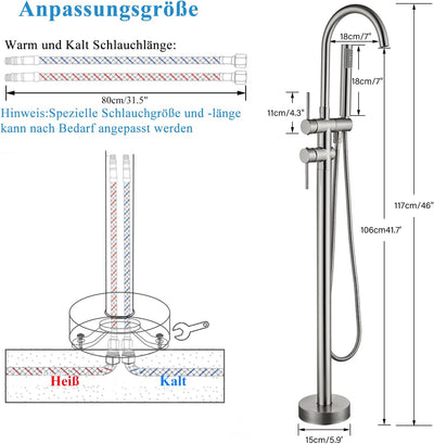 Rozin Freistehende Badewannen Armatur Nickel Gebürstet Messing Wasserhahn 2 Griffe 360°Drehbarer Aus