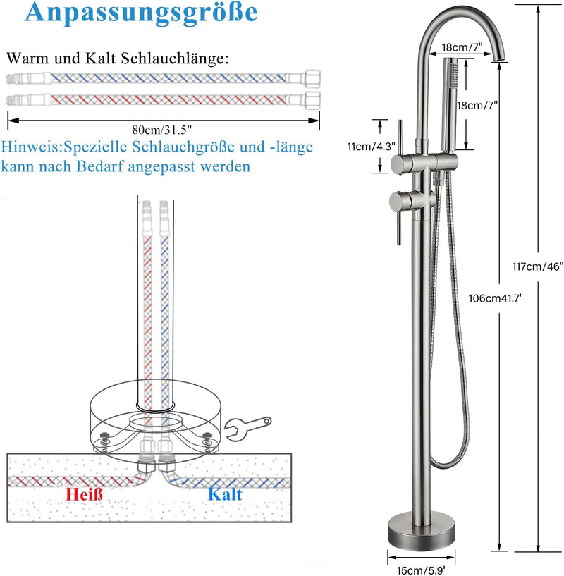 Rozin Freistehende Badewannen Armatur Nickel Gebürstet Messing Wasserhahn 2 Griffe 360°Drehbarer Aus