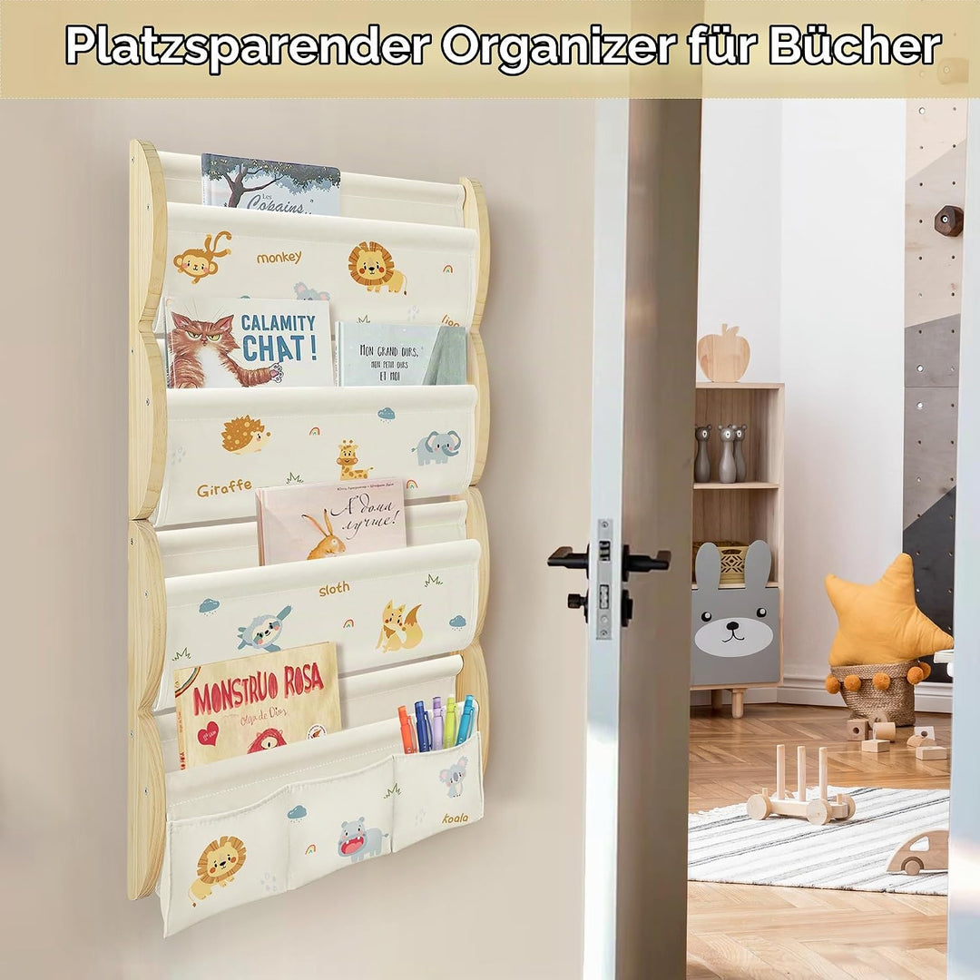 Bücherregal Kinder Wand Kinderbücherregal Montessori mit 4 Ablagen &amp; 3 Taschen Kinderregal Wandregal