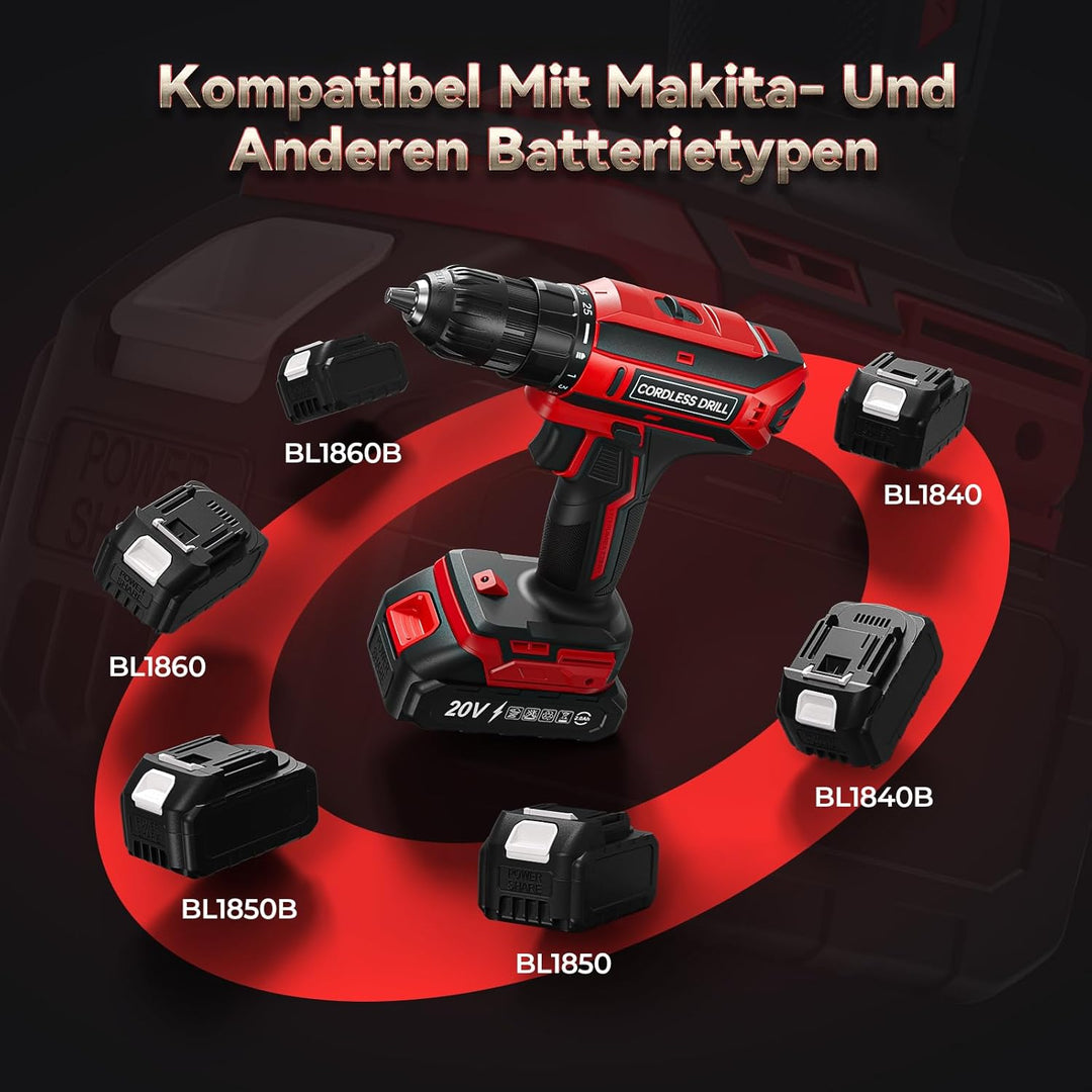 Akkuschrauber mit 2x 2000mAh Akkus, 20V Akku Bohrschrauber Set 42Nm Max, 2-Gang Akku-Bohrmaschine, K