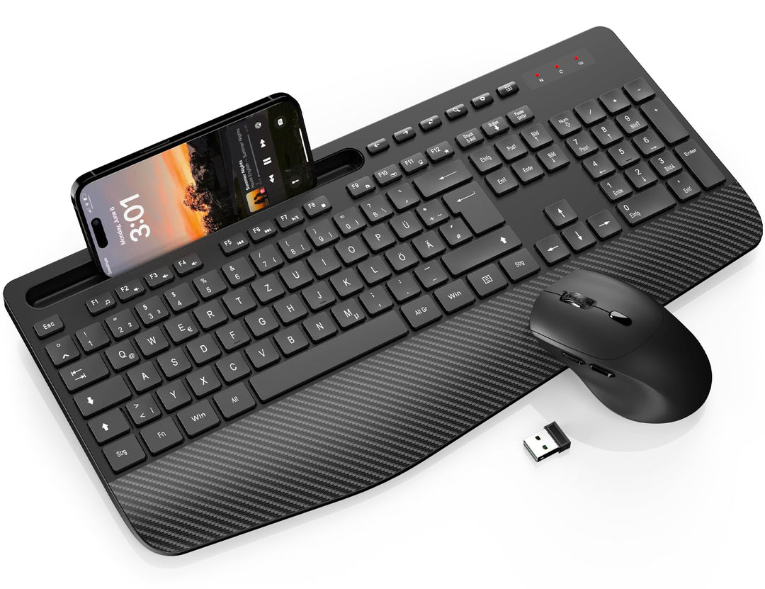 Tastatur Maus Set Kabellos, Ergonomische Tastatur in Voller Grösse mit Handgelenkauflage, Telefonhal