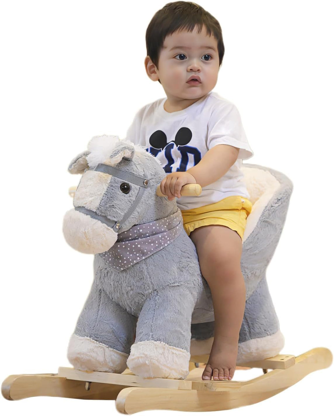 Plüsch Rocking Horse - weicher gefüllter Körper, Sicherheitssitz Stuhl, Holz Rockers, Musikknopf - K