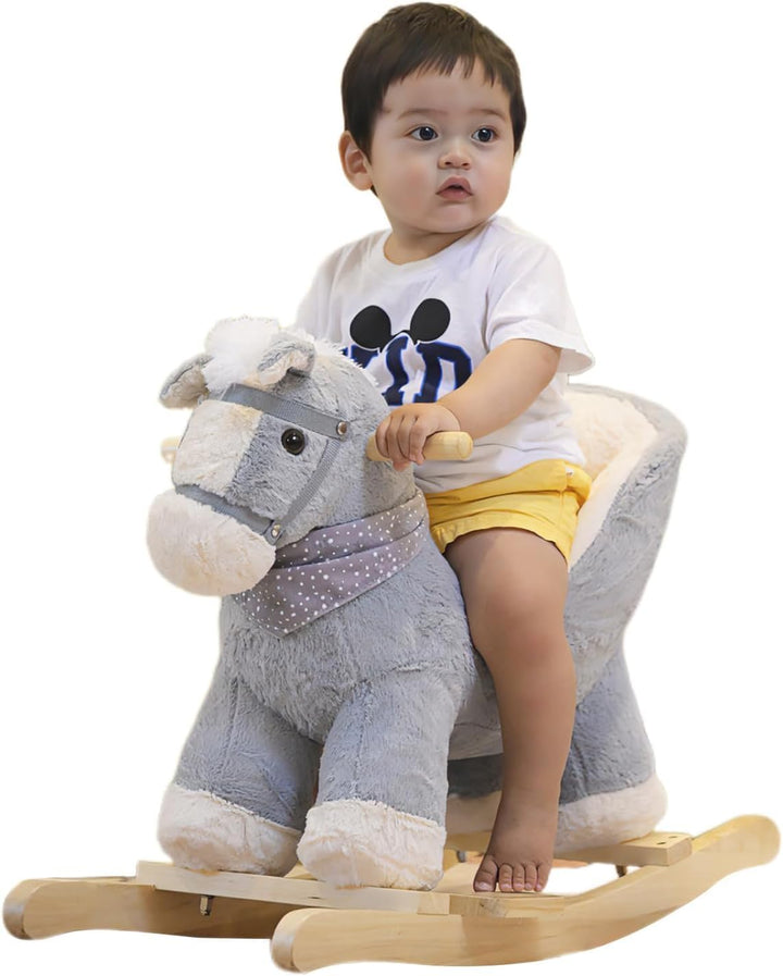 Plüsch Rocking Horse - weicher gefüllter Körper, Sicherheitssitz Stuhl, Holz Rockers, Musikknopf - K