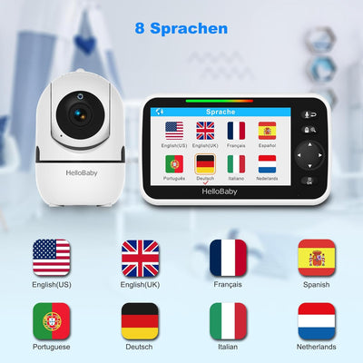 HelloBaby Video-Babyphone, 5 Zoll geteilter Bildschirm mit 30-Stunden-Akku, Pan-Tilt-Zoom Babyphone