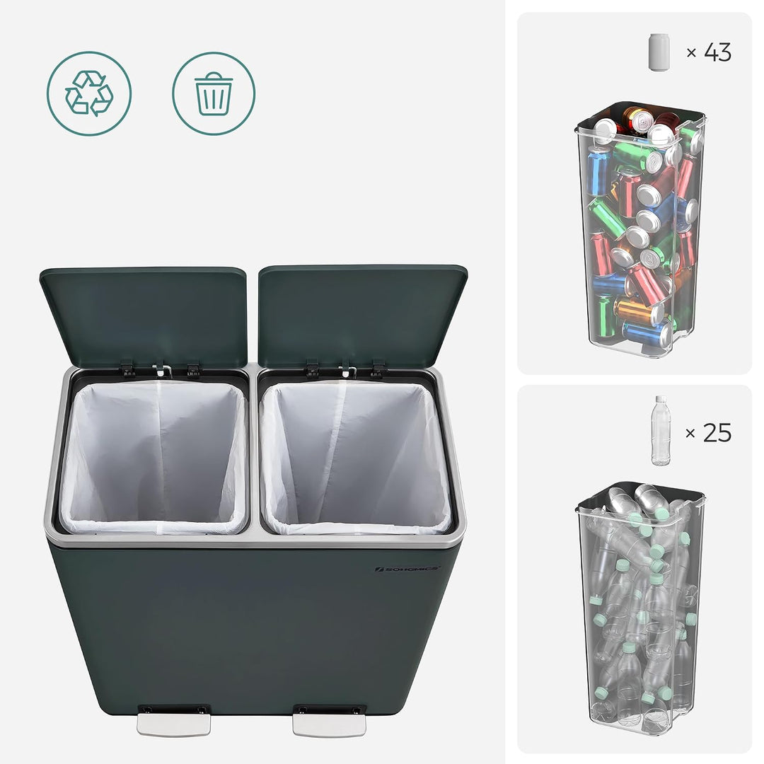 SONGMICS Mülleimer, 2 x 30 L, 2 Fächer, Mülltrennsystem, Treteimer, Abfalleimer Küche, 15 Müllsäcke,