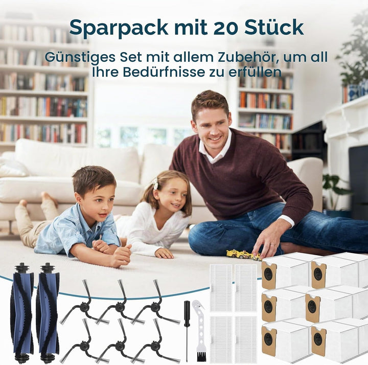 20 Stück Zubehör für Robot Eufy C10, 2 Walzenbürsten, 4 HEPA-Filter, 6 Seitenbürsten, 6 Staubbeutel,