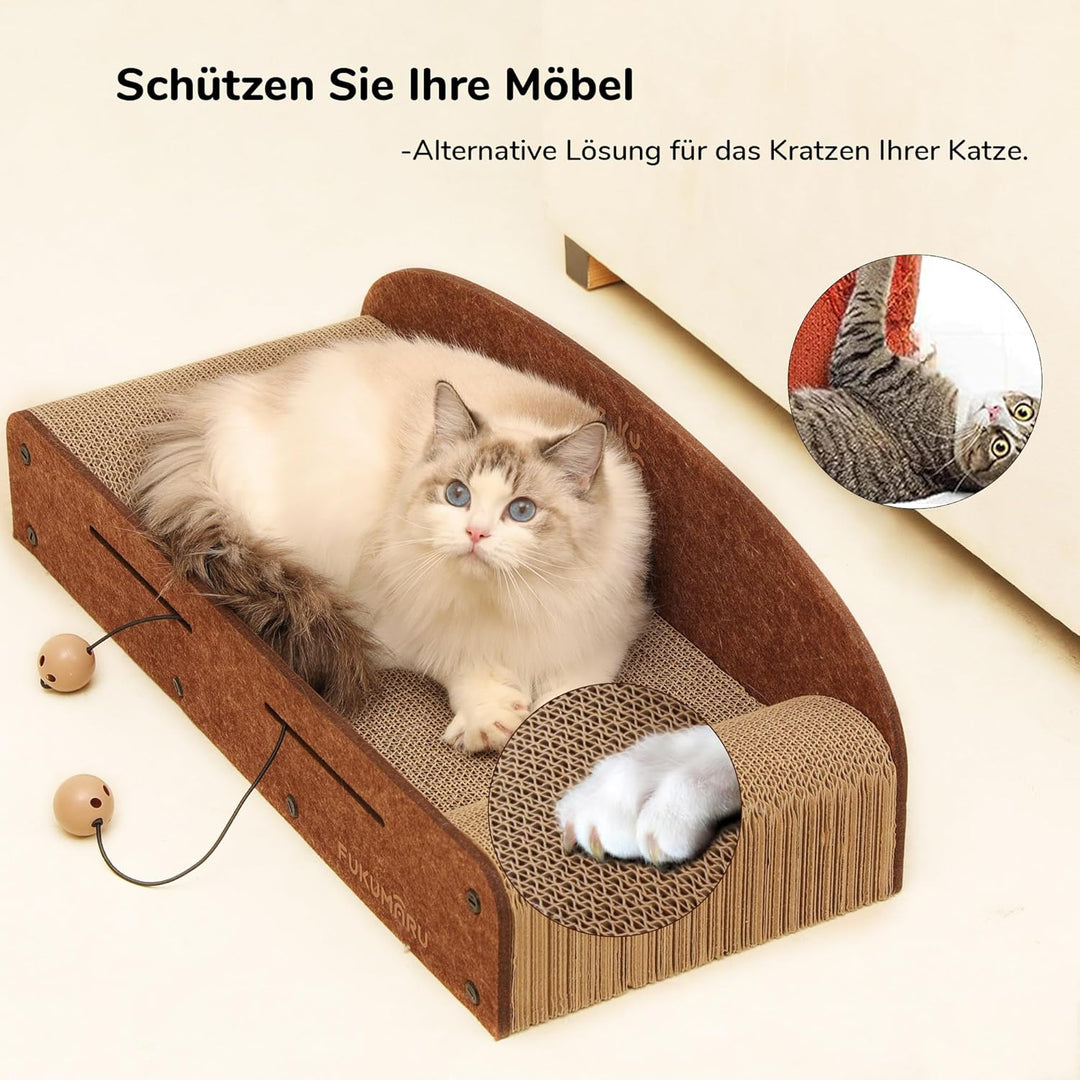 FUKUMARU Kratzbrett Katzen, 66CM langlebiges Kratzpappe und Filz, grosse Liege, 2 wendbare Katzenkra