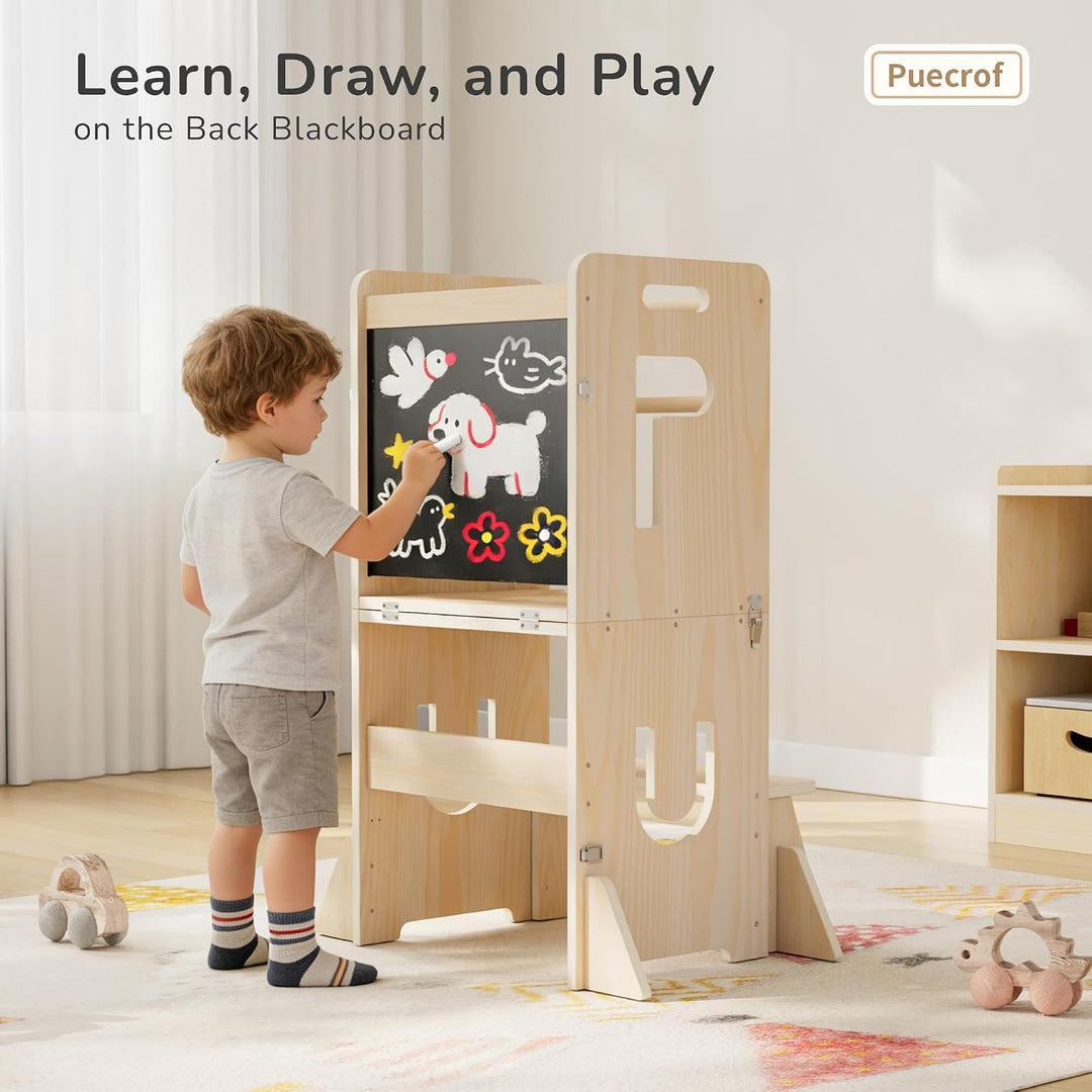 Lernturm für Kinder, klappbarer 3-in-1 Küchenhelfer Tritthocker aus Holz mit Kreidetafel, mit Sicher