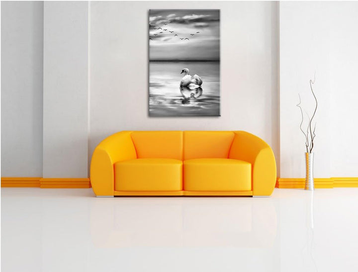 Pixxprint Schwan bei Sonnenuntergang / 100x70cm Leinwandbild bespannt auf Holzrahmen/Wandbild Kunstd