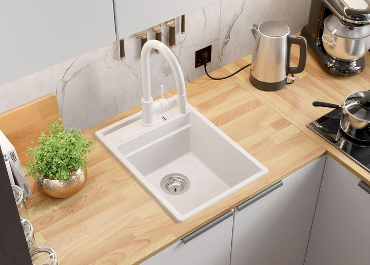 PRIMAGRAN Spülbecken Weiss 38x53cm, Granitspüle 1 Becken + Ablauf-Set, Küchenspüle ab 40er Unterschr