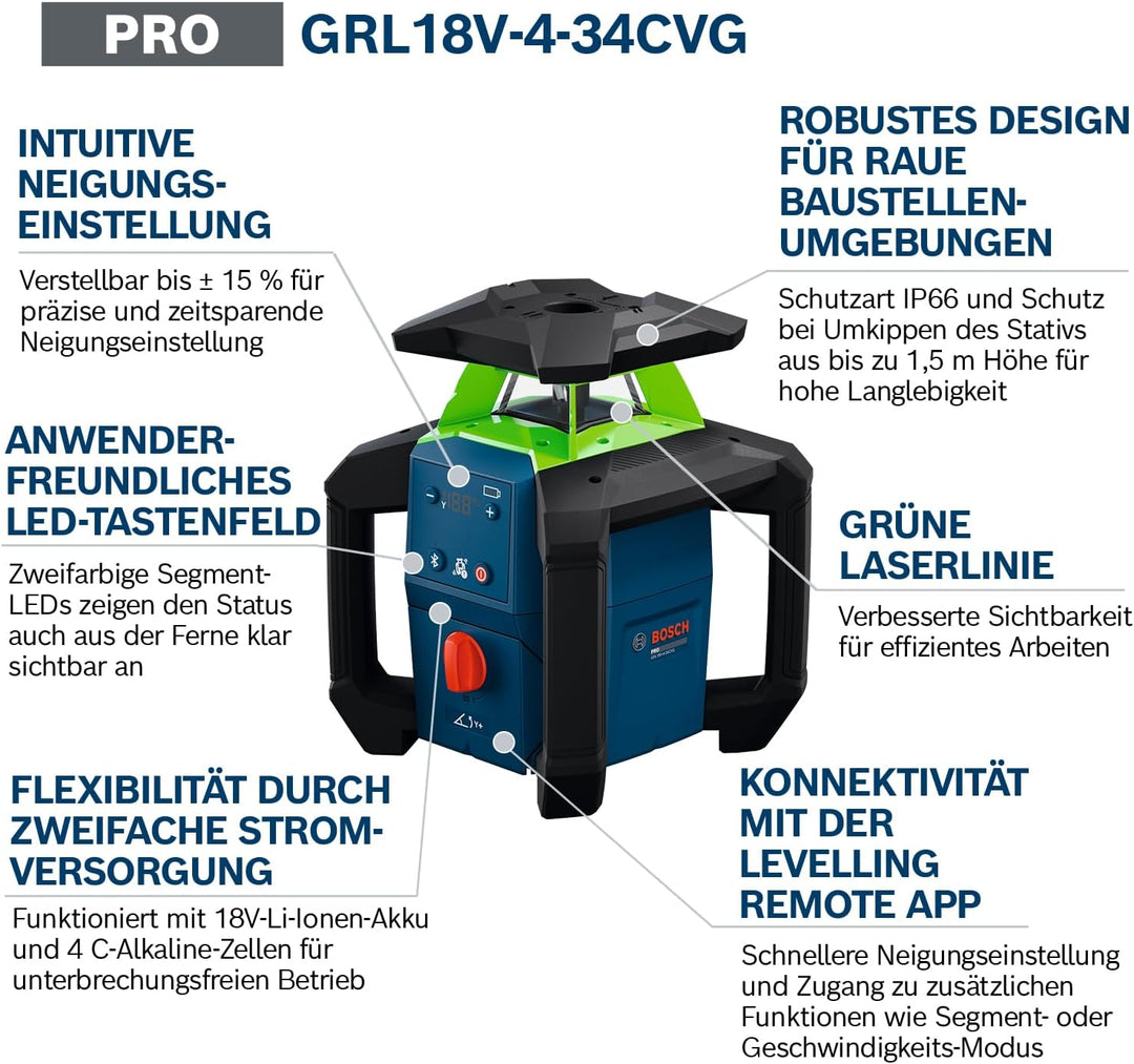 Bosch PRO 18V System Rotationslaser GRL18V-4-34CVG (grüner Laser, Neigungseinstellung ±15%, IP66-Sch
