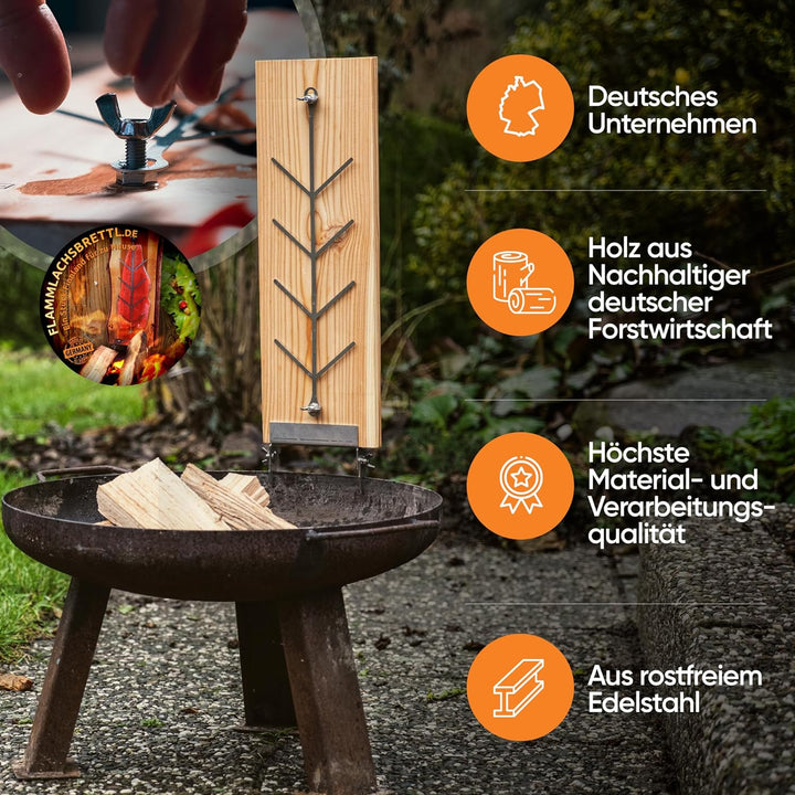 Flammlachsbrettl - Flammlachsbrett aus langlebigem Lärchenholz mit Edelstahlhalterung - ca. 500 x 17