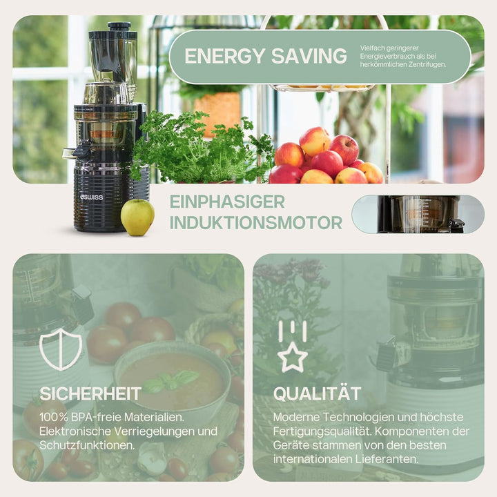 4Swiss Entsafter Saftpresse Elektrisch für Gemüse Obst Slow Juicer Machine mit Einfüllschacht - Kalt