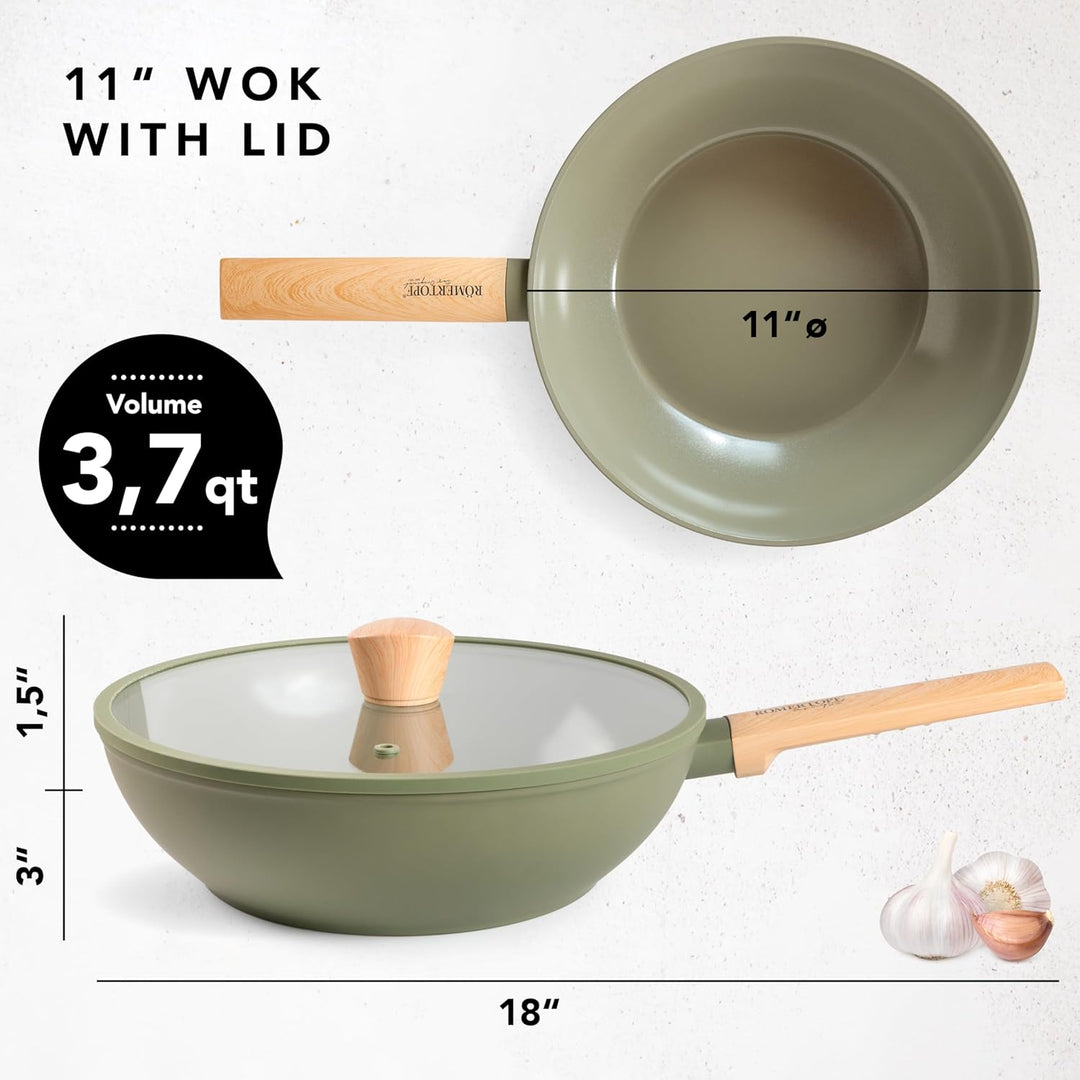 Romertopf Wok 28 cm mit Glasdeckel, 3,52 l Fassungsvermögen, Aluminium mit Keramik Antihaftbeschicht