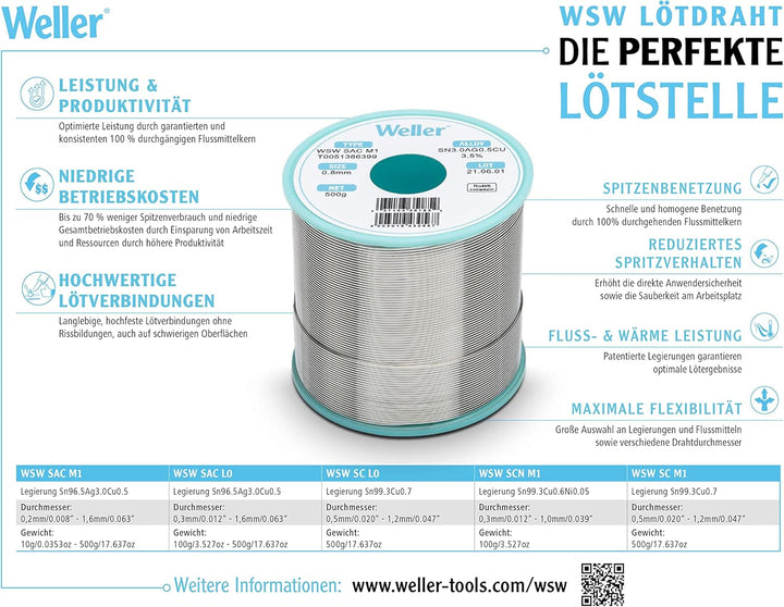Weller WSW SC M1 (T0051387699) Bleifreier Lötdraht, Ø 0,5 mm, Legierung Sn99,3Cu0,7, Flussmittelgeha