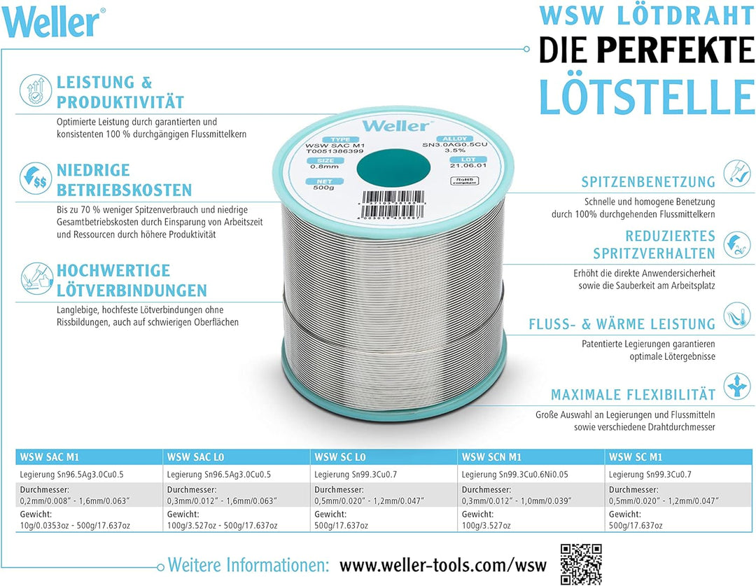 Weller WSW SAC M1 (T0051386570) Bleifreier Lötdraht, Ø 0,2 mm, Legierung Sn96.5Ag3.0Cu0.5, Flussmitt