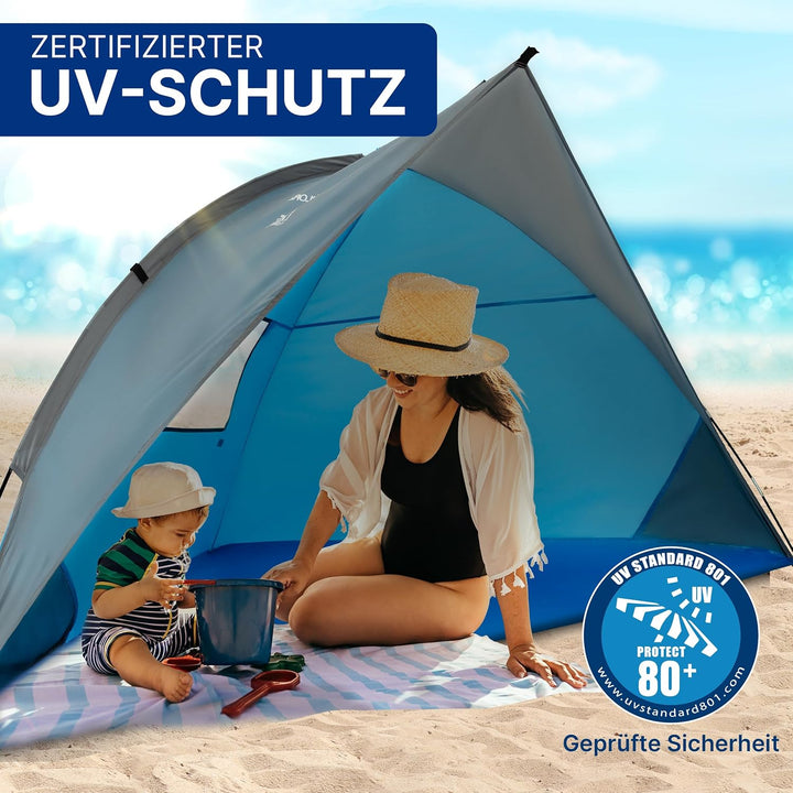 EXPLORER Reise Strandmuschel mit UV Schutz 80+ [240x125x125cm] kleines Packmass [9x32cm] leicht [1Kg