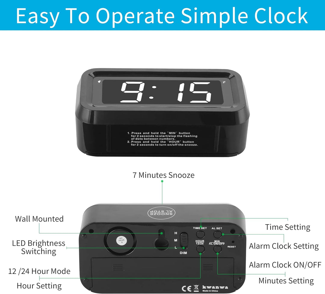 KWANWA Digitaler Wecker, LED Uhr Batteriebetrieben Tischuhr mit 3 Einstellbarer Helligkeit/Snooze/Oh