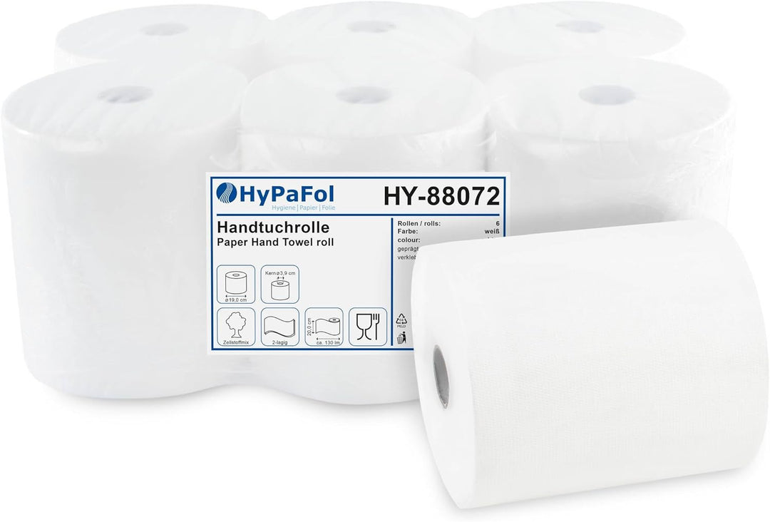 Hypafol Handtuchrolle | 2-lagig, 6 Rollen, 20 cm x 130 Meter, Ø19 cm |Papierhandtuchrolle aus Zellst