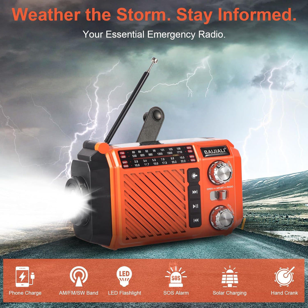Kurbelradio Notfallradio mit 2600mAh Powerbank, Solar & USB-C Ladung, AM/FM/SW Weltempfänger, LED-Ta