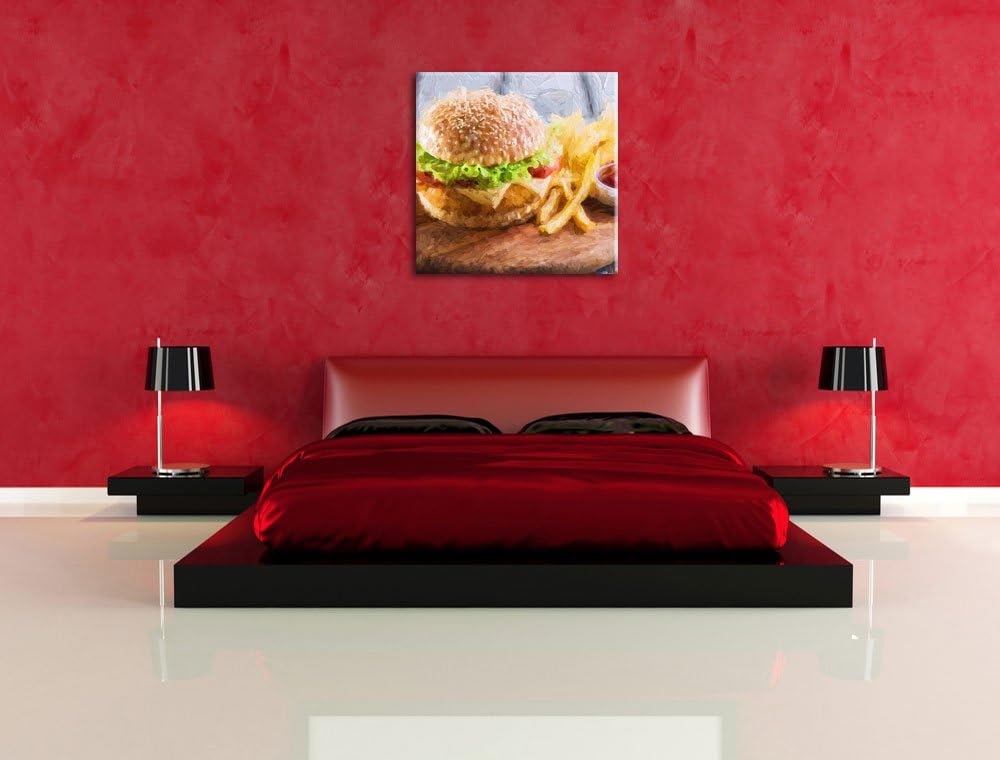 Pixxprint Chickenburger mit Pommes Pinsel Effekt, Format: 70x70 auf Leinwand, 70x70