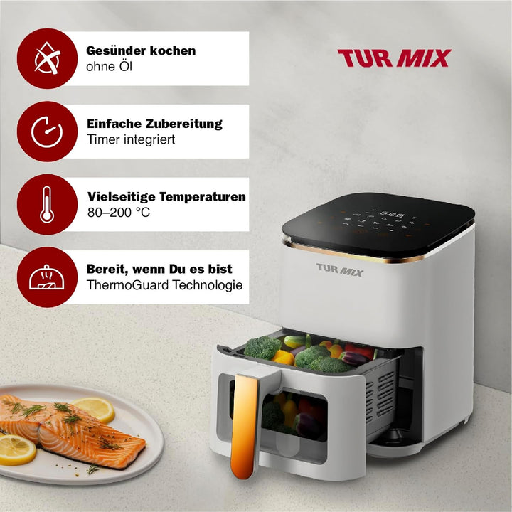 Preisgekrönt Heissluftfritteuse weiss TURMIX CX 250 - Compact 3.5L Airfryer 1350W Transparentes Fens
