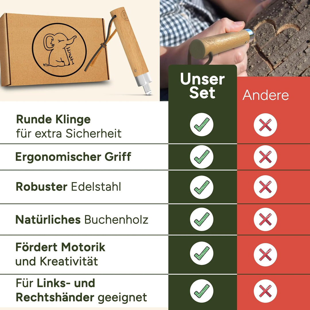 Eli® Schnitzmesser für Kinder mit Schnitzholz und runder Klinge ab 6 Jahre - hochwertiges Kindermess