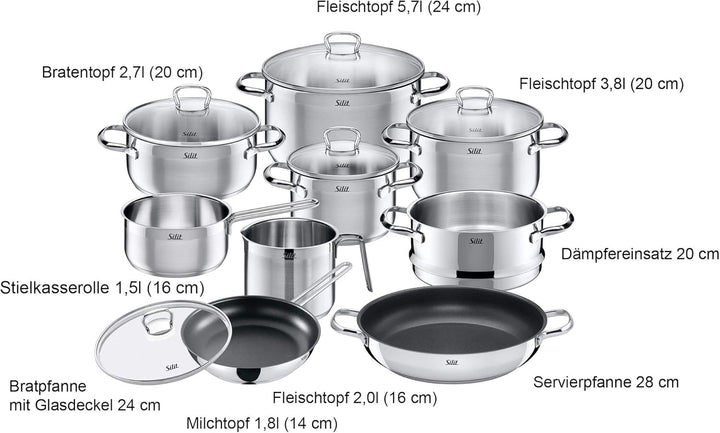 Silit Toskana Topfset induktionsgeeignet 10-teilig, Kochtopf Set mit Glasdeckel, Induktionskochtöpfe