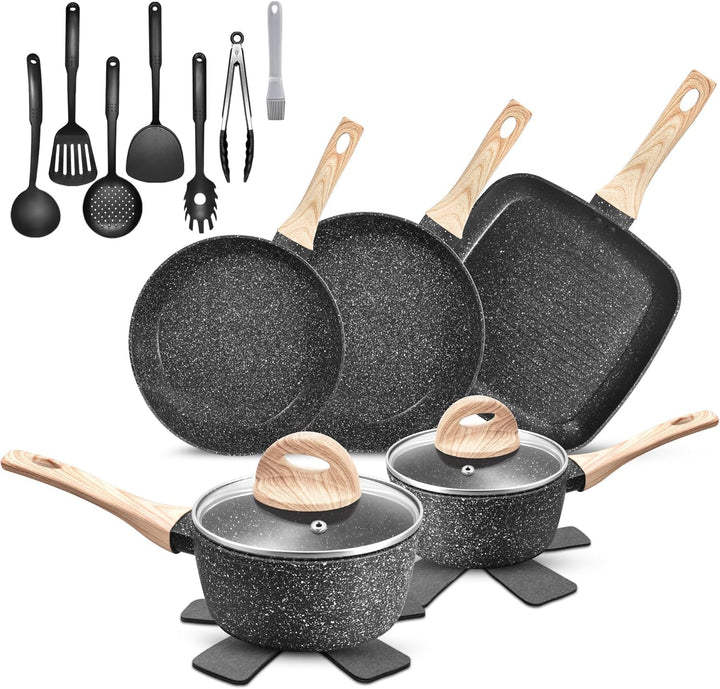 Topfset Induktion, 19-Teilig Schwarz Granit Topf und Pfannenset, Bratpfanne 24/28cm, Kochtopf 18/20c