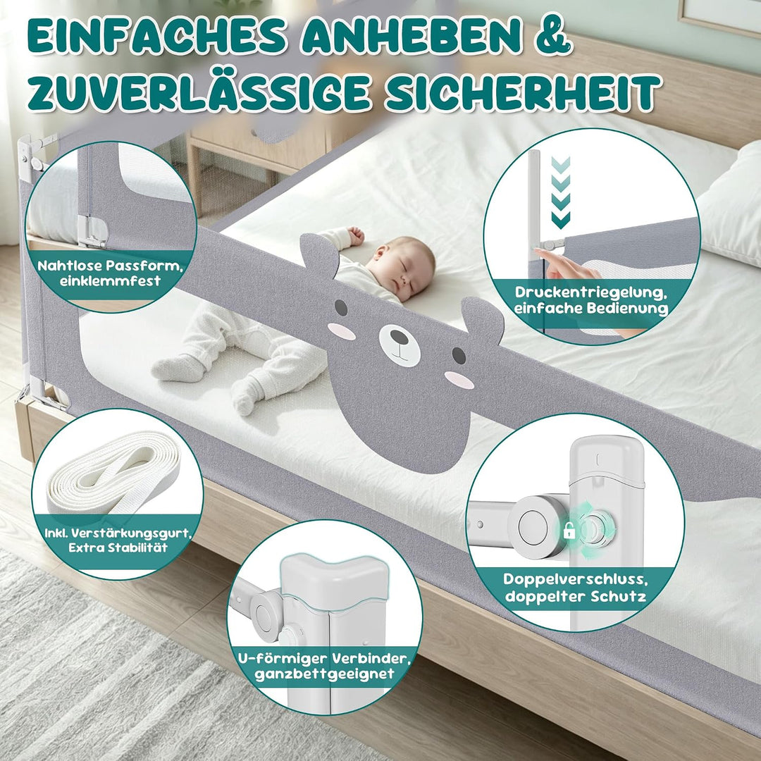 NAIZY Rausfallschutz Bett 180cm Bettgitter Baby Bettschutzgitter mit Höhenverstellbar Kinderbettgitt