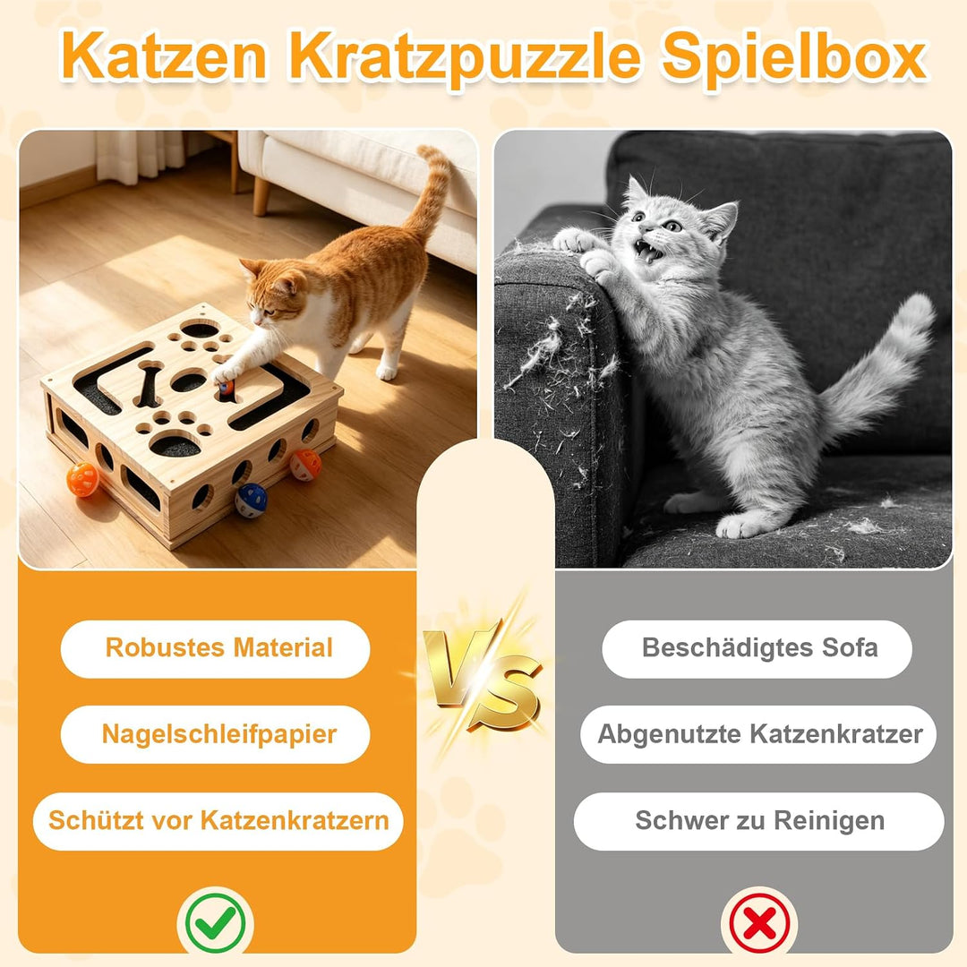 2-in-1 Kratzpuzzle Katzen Set, Katzen Kratzbrett mit Sandpapier, 3 Glockenbällen， Feder und 4 Antiru