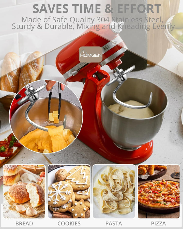 HOMGEN Knethaken für Kitchenaid 4.5/5QT Edelstahl Knethaken spülmaschinenfest für Kitchen Aid Standm