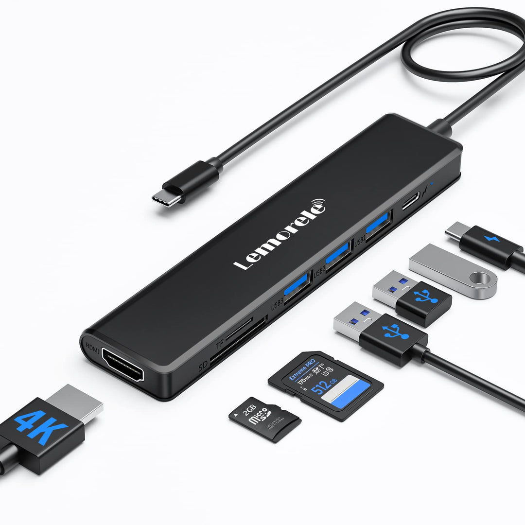 Lemorele USB-C-Hub, 7-in-1-Adapter mit HDMI 4K @ 30Hz, 100 W PD-Aufladung, 1 USB 3.0 5 Gbit/s Datena