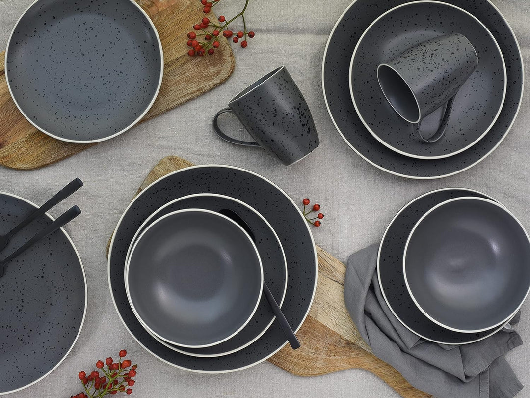 CreaTable Anthrazit, 22807, Serie INDUSTRIAL CHIC, Geschirrset, Kombiservice 16 teilig, Steinzeug An