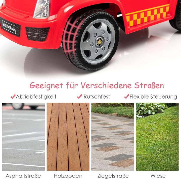 DREAMADE Rutscherauto Kinder mit Bubble Maschine, Feuerwehrfahrzeug Kinder bis 20kg, Rutschauto mit