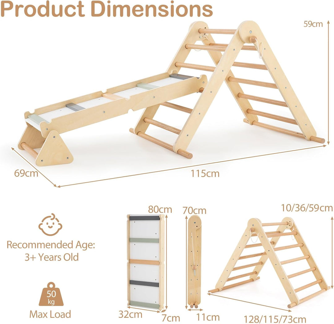 HOMASIS 3 in 1 Kletterdreieck mit Kletterleiter & Wippe, Holz Klettergerüst Indoor mit doppelseitige