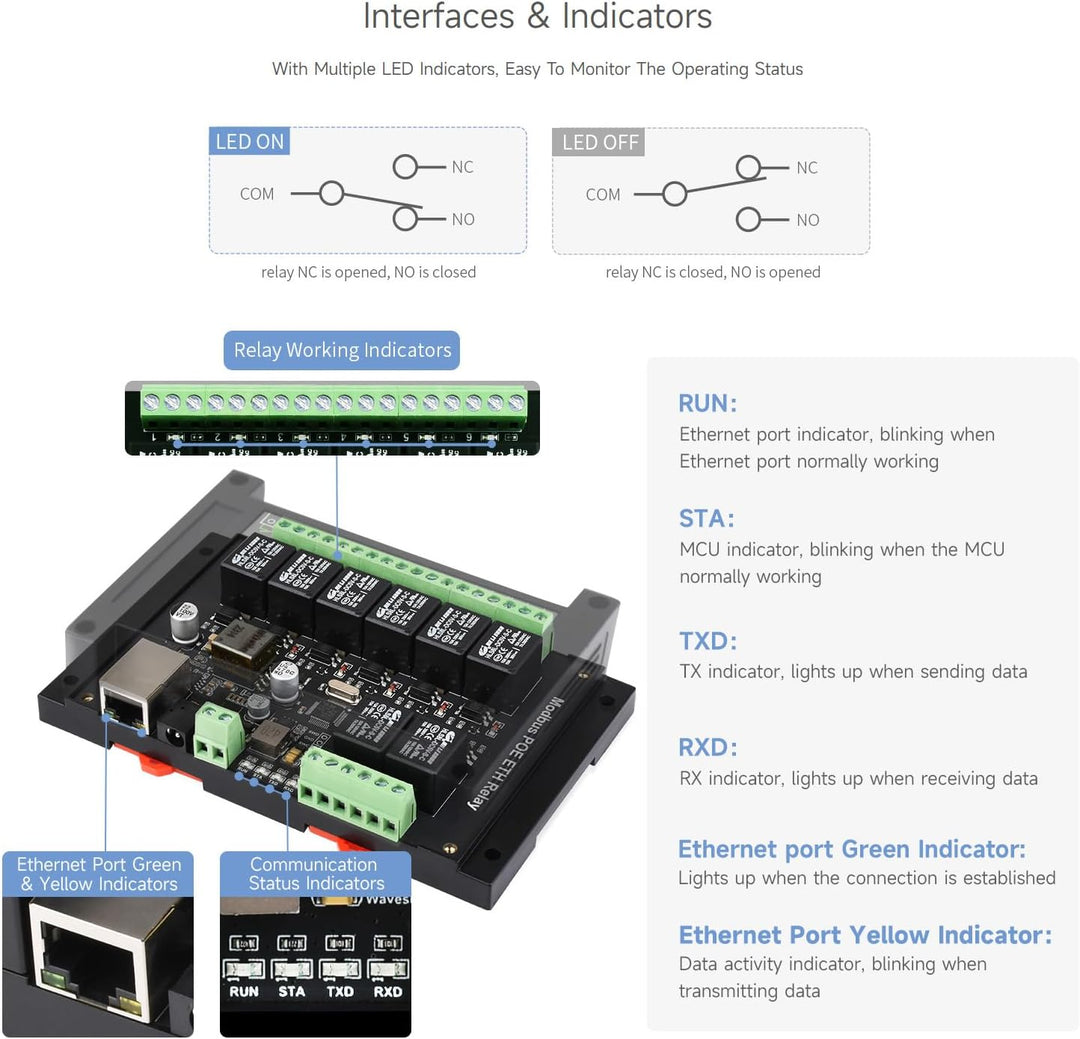 Waveshare 8-Ch Ethernet Relay Module, Modbus RTU/Modbus TCP Protocol, PoE Port Communication, with V