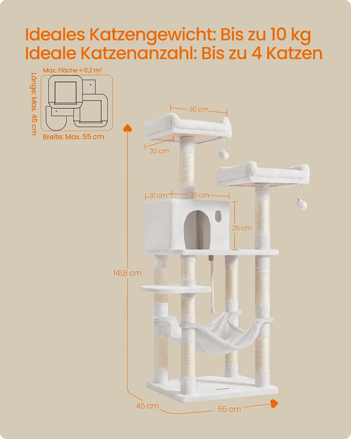 Feandrea Kratzbaum, 143 cm hoch, Katzenbaum mit 11 Kratzsäulen, 2 Plattformen, 1 Katzenhöhle, 1 Häng