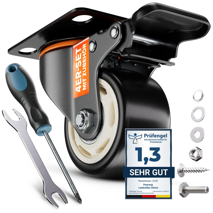 PEARWAY™ Premium Lenkrollen 75mm mit Bremse [4x gesamt 500kg] inkl. Montagezubehör I Robuste Transpo