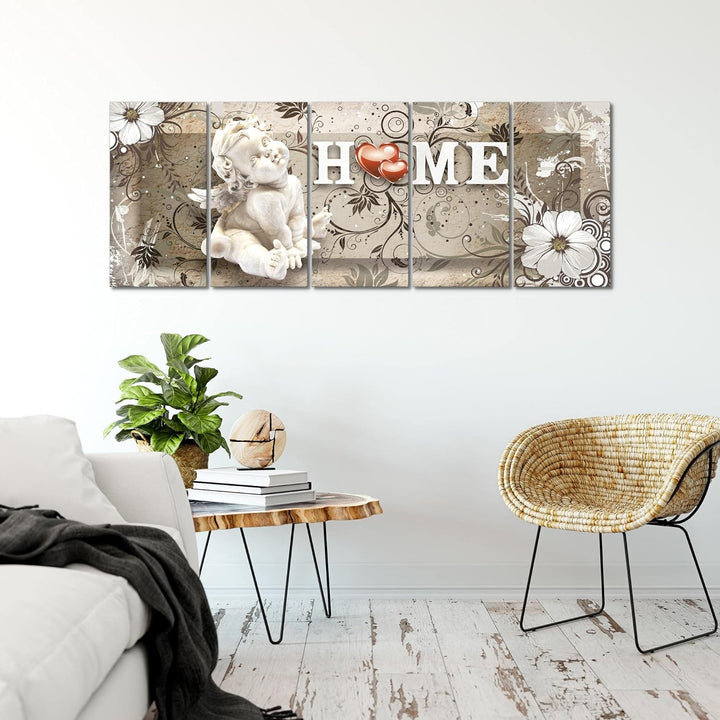 Runa Art Wandbild XXL Engel Vintage Wohnzimmer Schlafzimmer 200 x 80 cm Beige 5 Teilig - Made in Ger