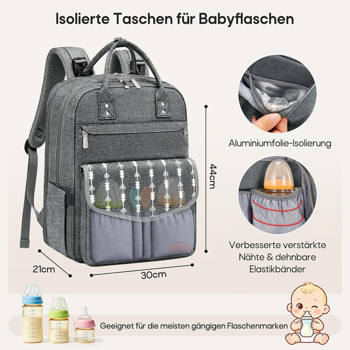 RAINSMORE Wickelrucksack Gross Baby Wickeltasche mit Wickelunterlage Grau | Wasserdichte Wickeltasch