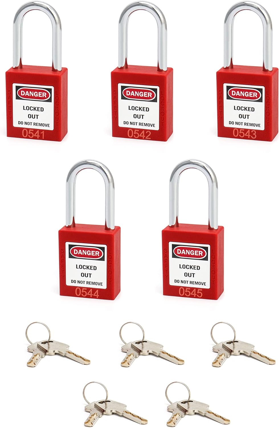 QWORK® Lockout Vorhängeschloss, 5Stk Vorhängeschlösser mit 10 Schlüssel, Rot, 38mm Pack of 5 Rot/Aus